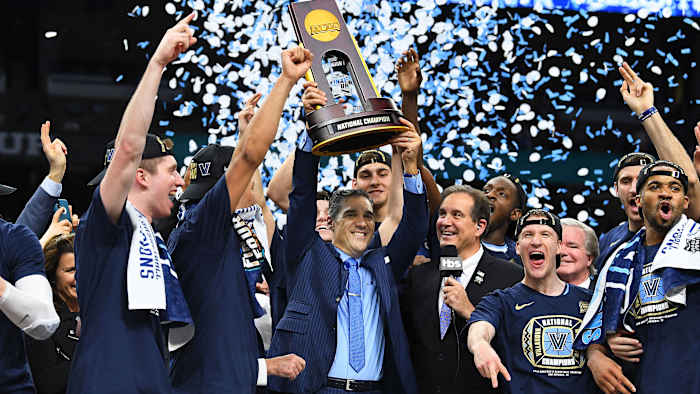 Villanova’s Jay Wright lifts the 2018 national trophy